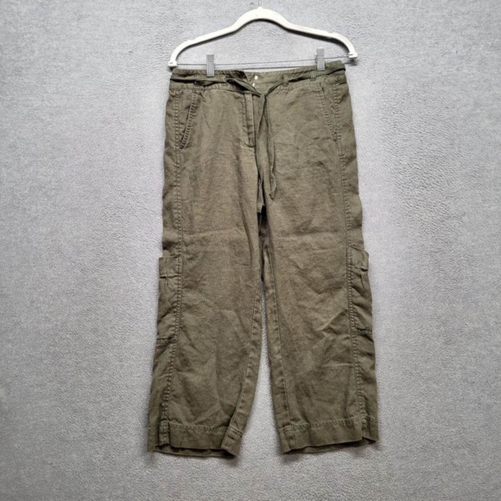 Charter Club Women Pants 6 Olive Linen Capri Cargo Button Tie‎ 23" Inseam